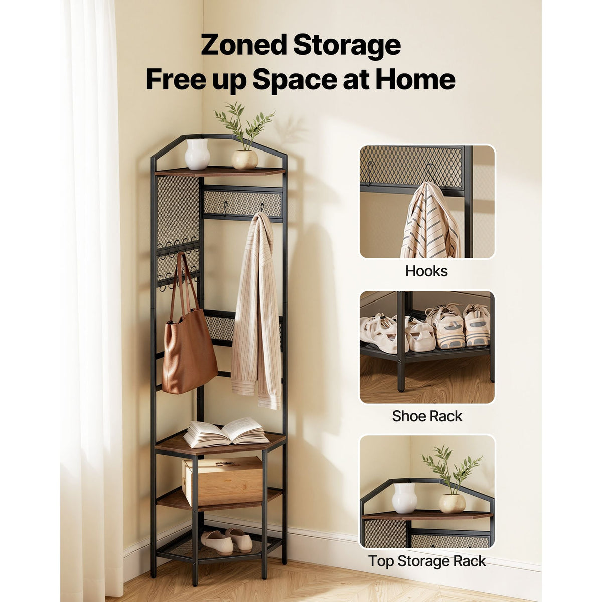 Corner Hall Tree, 71.3 in Coat Rack with Hooks, Top Shelf & Steel Frame, Freestanding Clothes Shoes Rack Storage Organizer with Anti-Tip Set, Adjustable Non-Slip Feet for Entrance Closet Office