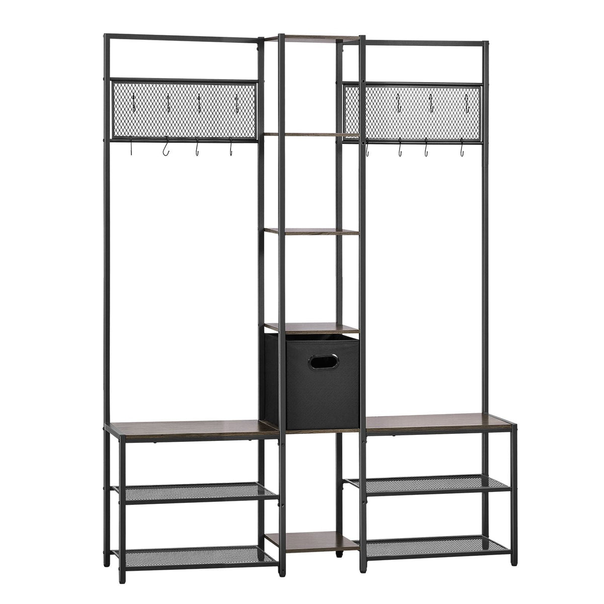 Corner Hall Tree with Shoe Bench, 70.9 in Coat Rack with Hooks and Steel Frame, Freestanding Clothes Shoes Rack Storage Organizer with Anti-Tip Set, for Entrance, Closet, Office, Rustic Brown