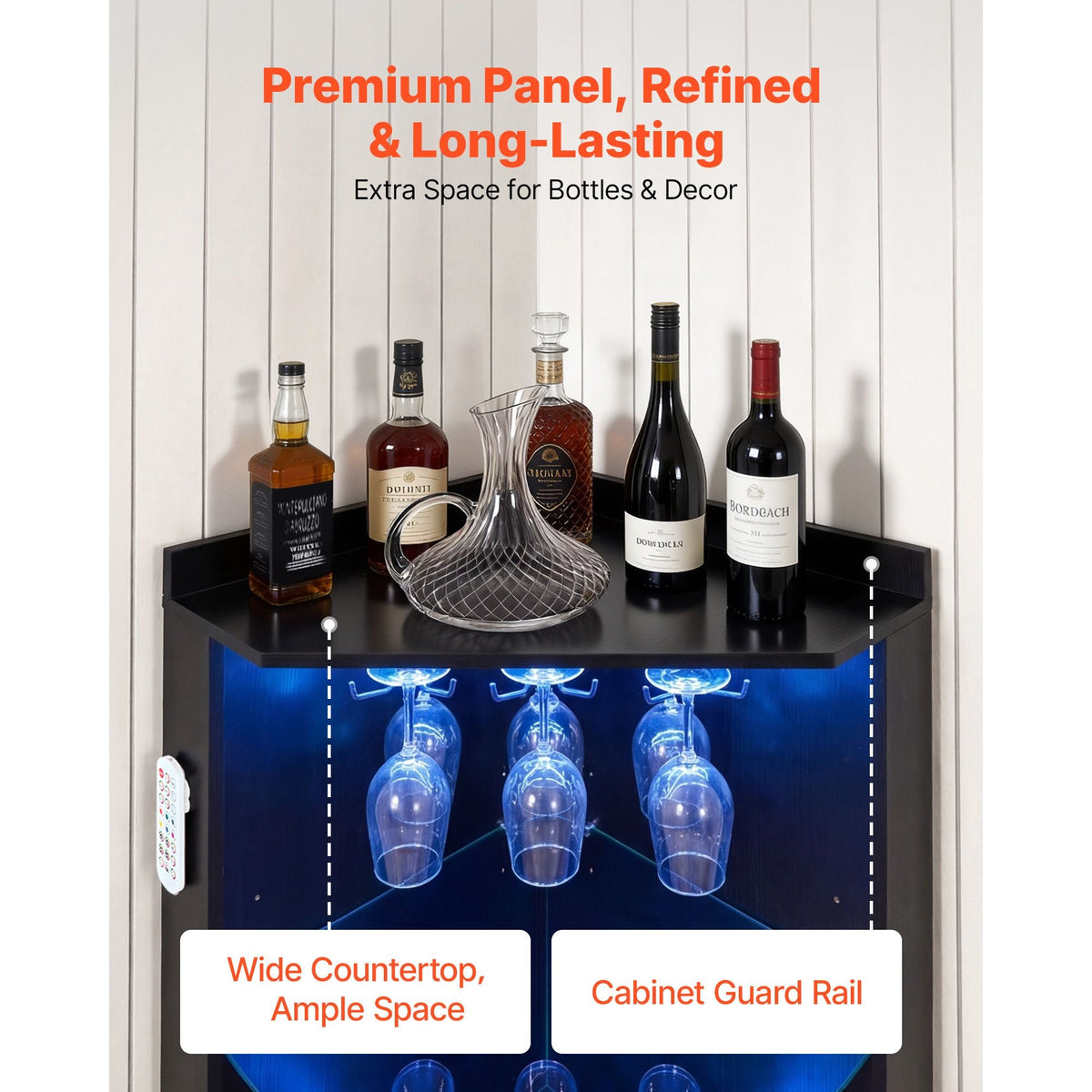 Corner Wine Cabinet, Bar Cabinet with Ample Storage, Modern Buffet Sideboard with Glass Holder, Adjustable LED Brightness, Anti-Tip Strap, for Home Kitchen, Living Room, Dining Room, Black Wood
