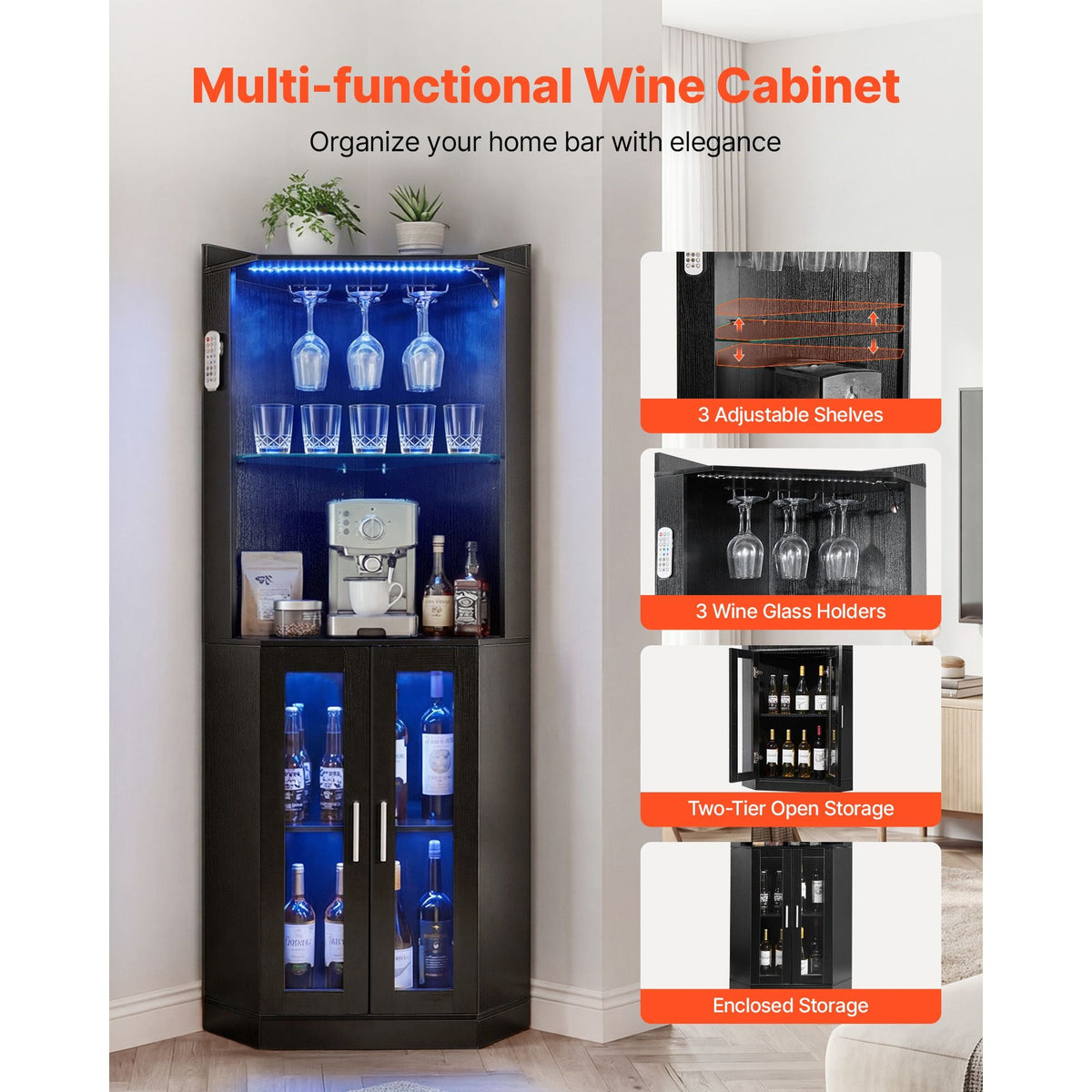 Corner Wine Cabinet, Bar Cabinet with Ample Storage, Modern Buffet Sideboard with Glass Holder, Adjustable LED Brightness, Anti-Tip Strap, for Home Kitchen, Living Room, Dining Room, Black Wood