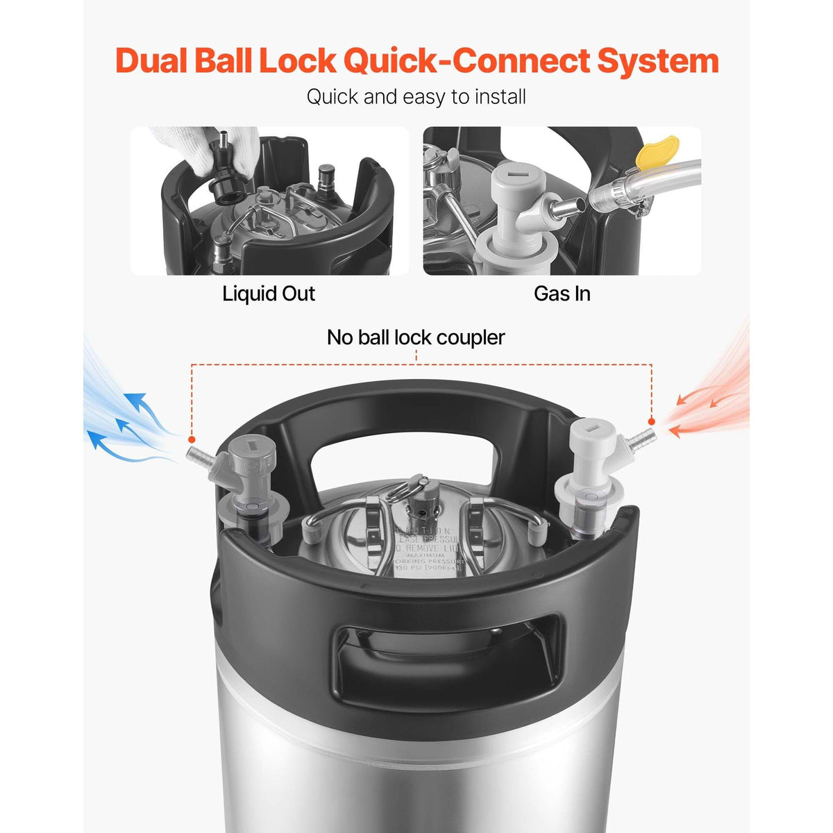 Corny Keg, 5 Gallon Ball Lock Keg, SUS304 Cold Brew Kegs with Dual Rubber Handles & Heavy-Duty Rubber Bottom, Brewing Equipment for Home Brewing Party, 1 PCS