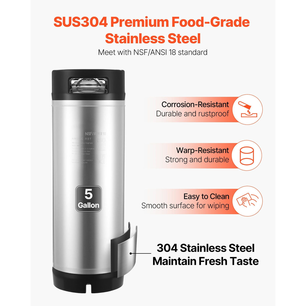 Corny Keg, 5 Gallon Ball Lock Keg, SUS304 Cold Brew Kegs with Dual Rubber Handles & Heavy-Duty Rubber Bottom, Brewing Equipment for Home Brewing Party, 1 PCS
