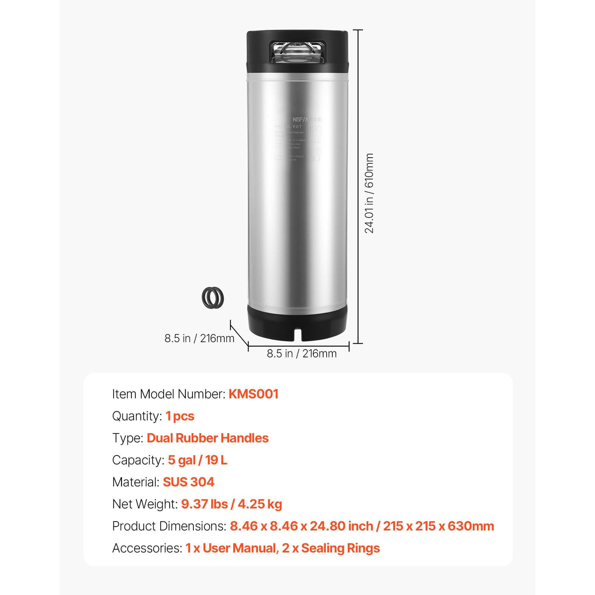 Corny Keg, 5 Gallon Ball Lock Keg, SUS304 Cold Brew Kegs with Dual Rubber Handles & Heavy-Duty Rubber Bottom, Brewing Equipment for Home Brewing Party, 1 PCS