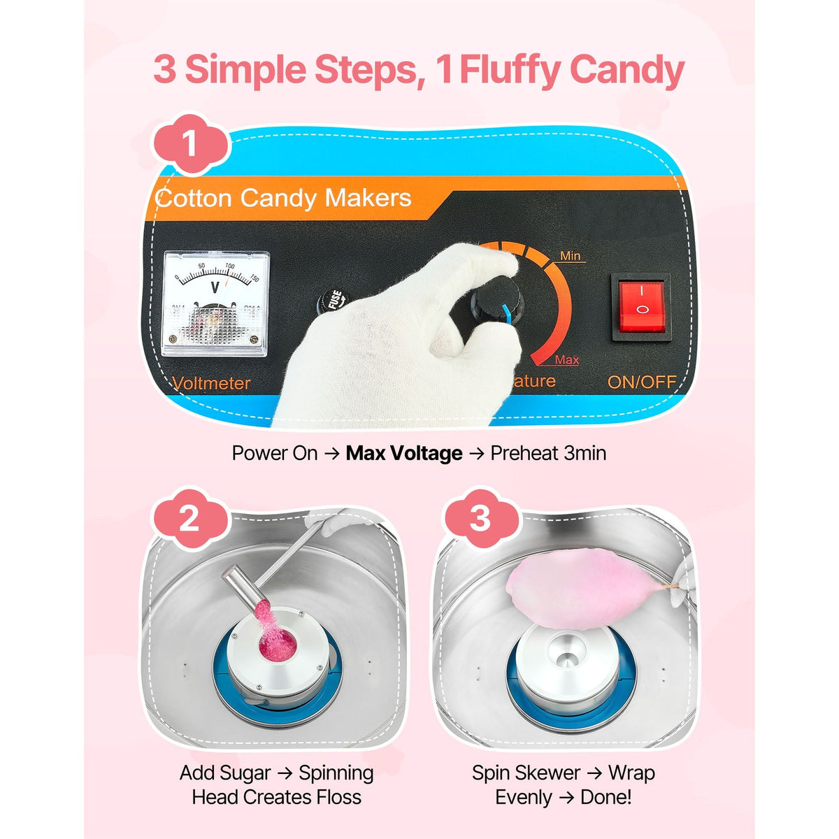 Cotton Candy Machine Commercial, 1000W Electric Candy Floss Maker, Easy Use with 15 inch Stainless Steel Bowl and Sugar Scoop, Makes Hard Candy for Home Kids Birthday, Family Party, Blue