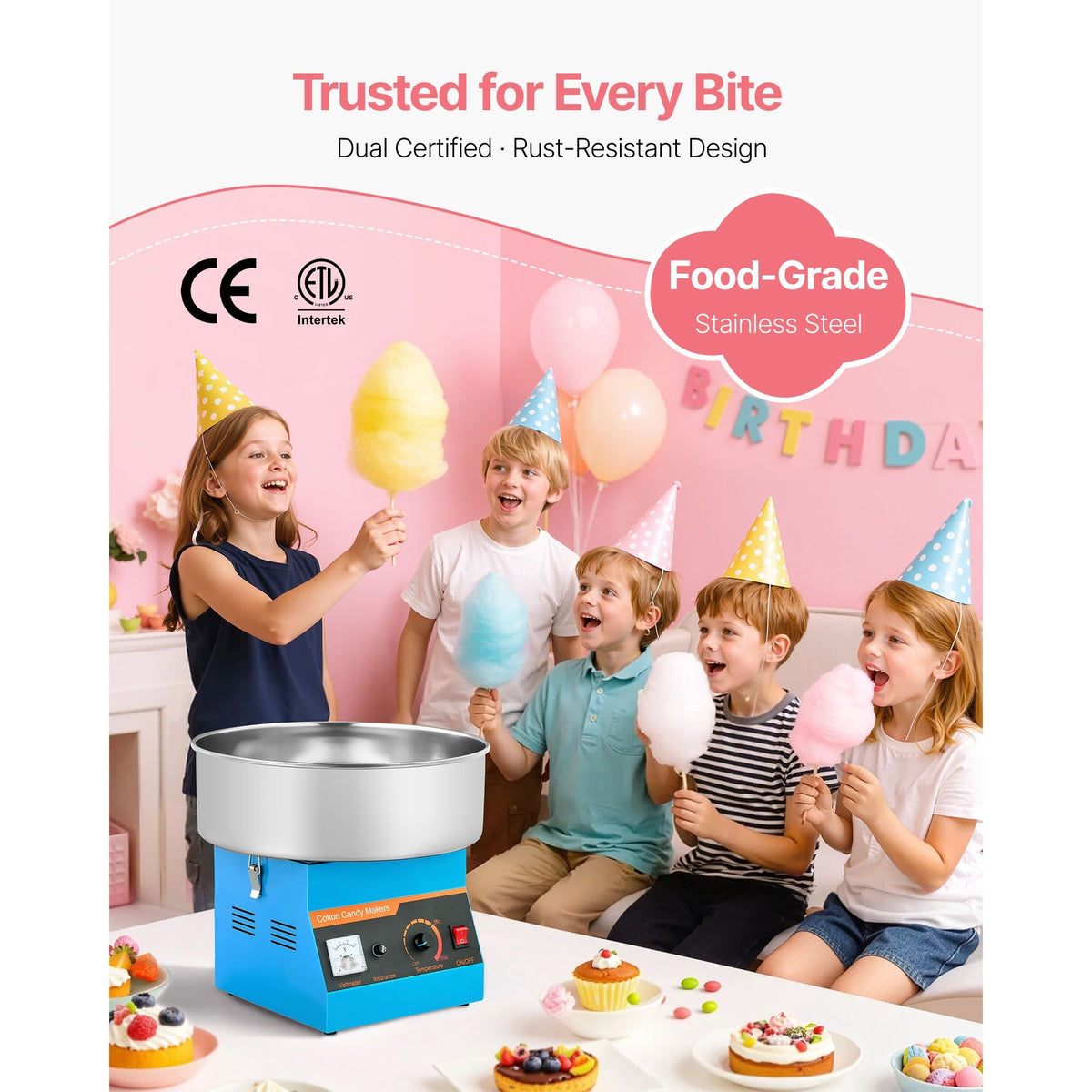 Cotton Candy Machine Commercial, 1000W Electric Candy Floss Maker, Easy Use with 15 inch Stainless Steel Bowl and Sugar Scoop, Makes Hard Candy for Home Kids Birthday, Family Party, Blue