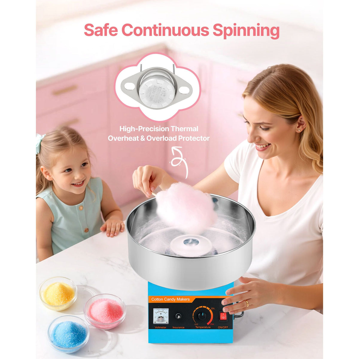Cotton Candy Machine Commercial, 1000W Electric Candy Floss Maker, Easy Use with 15 inch Stainless Steel Bowl and Sugar Scoop, Makes Hard Candy for Home Kids Birthday, Family Party, Blue