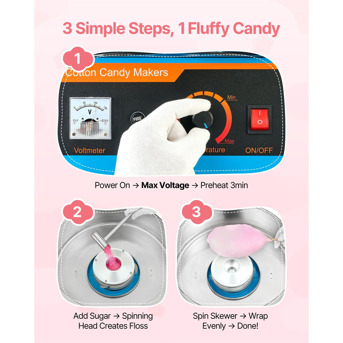 Cotton Candy Machine Commercial, 1000W Electric Candy Floss Maker, Easy Use with 15 inch Stainless Steel Bowl and Sugar Scoop, Makes Hard Candy for Home Kids Birthday, Family Party, Blue