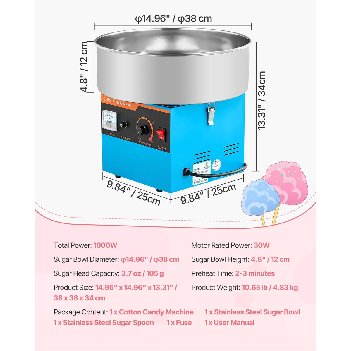 Cotton Candy Machine Commercial, 1000W Electric Candy Floss Maker, Easy Use with 15 inch Stainless Steel Bowl and Sugar Scoop, Makes Hard Candy for Home Kids Birthday, Family Party, Blue