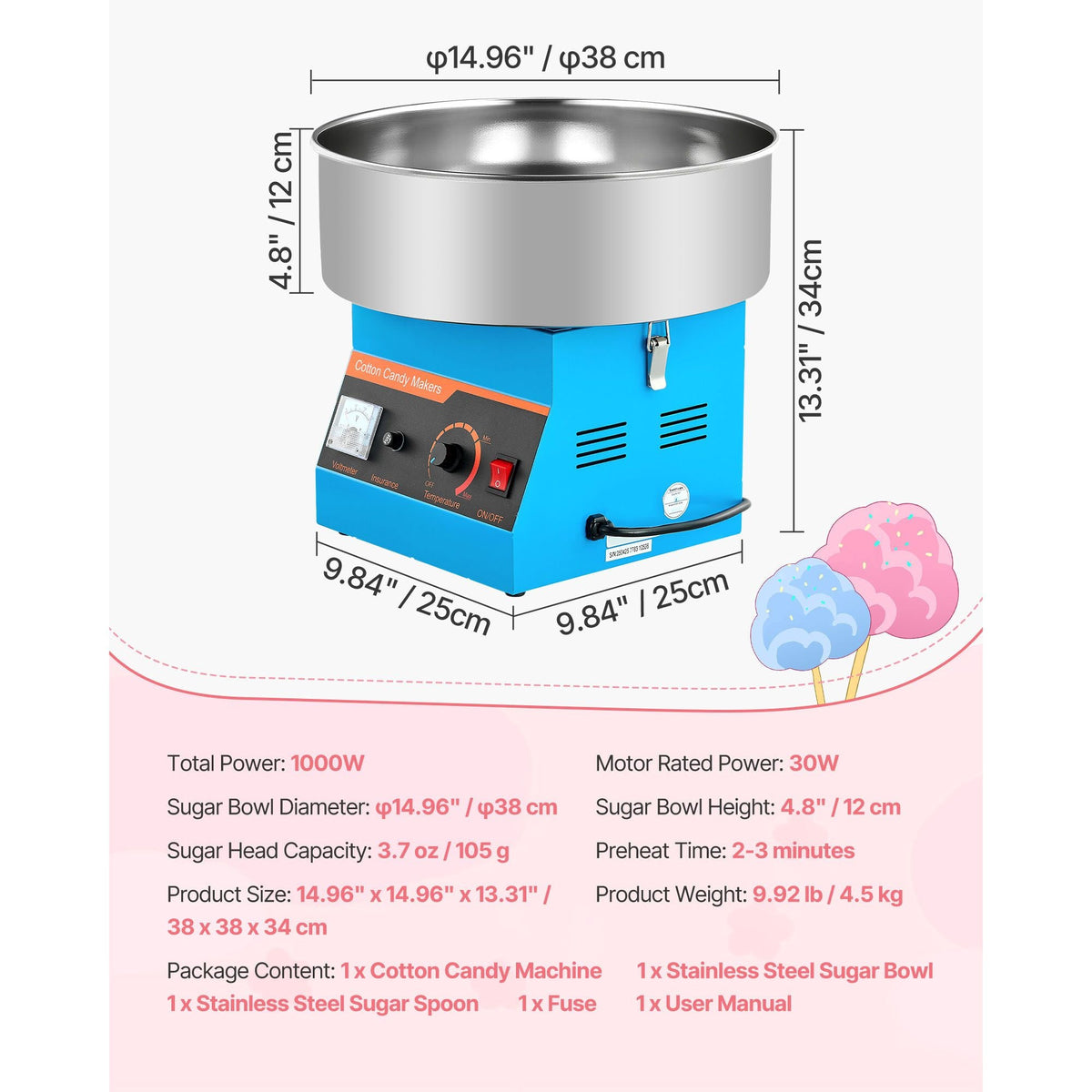 Cotton Candy Machine Commercial, 1000W Electric Candy Floss Maker, Easy Use with 15 inch Stainless Steel Bowl and Sugar Scoop, Makes Hard Candy for Home Kids Birthday, Family Party, Blue