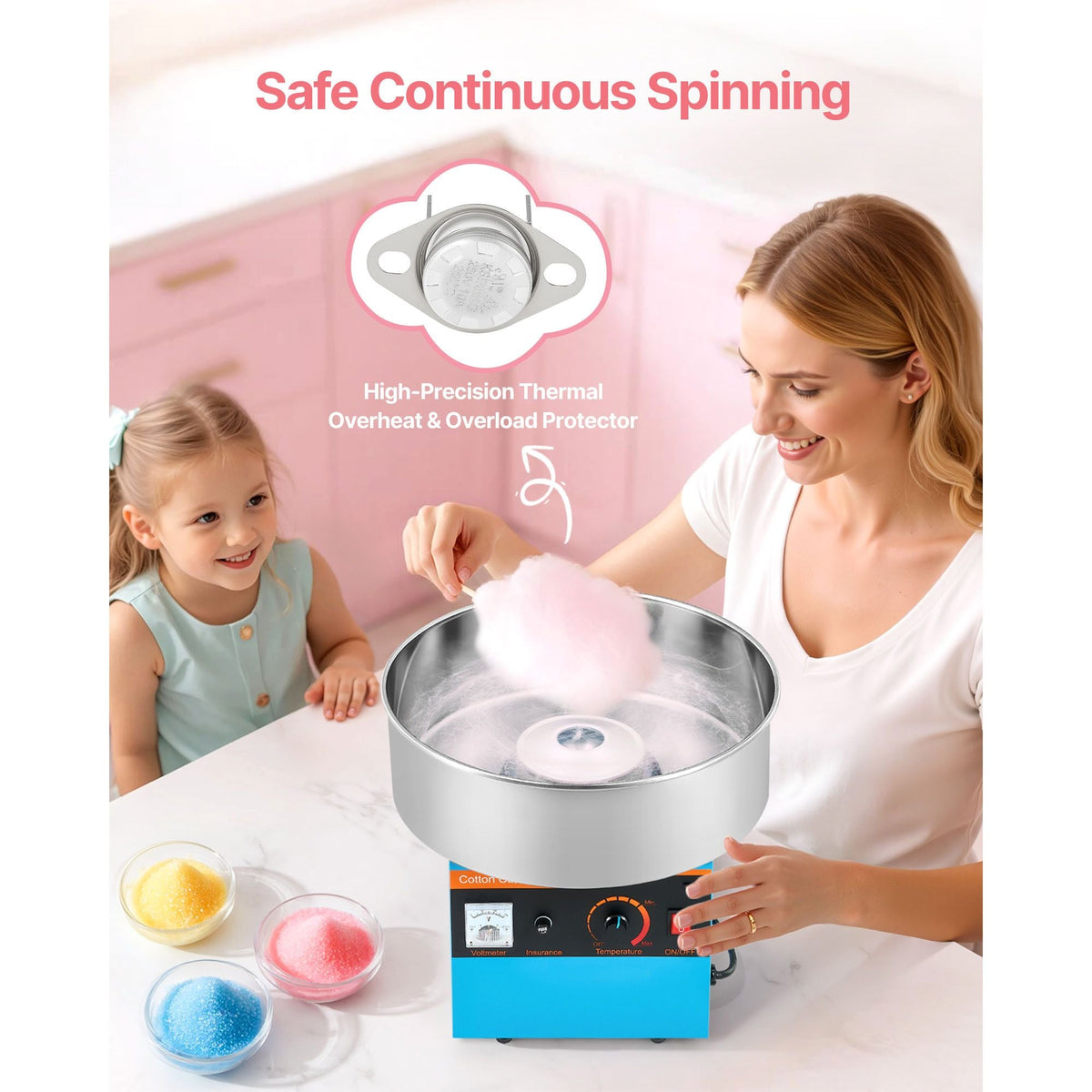 Cotton Candy Machine Commercial, 1000W Electric Candy Floss Maker, Easy Use with 15 inch Stainless Steel Bowl and Sugar Scoop, Makes Hard Candy for Home Kids Birthday, Family Party, Blue