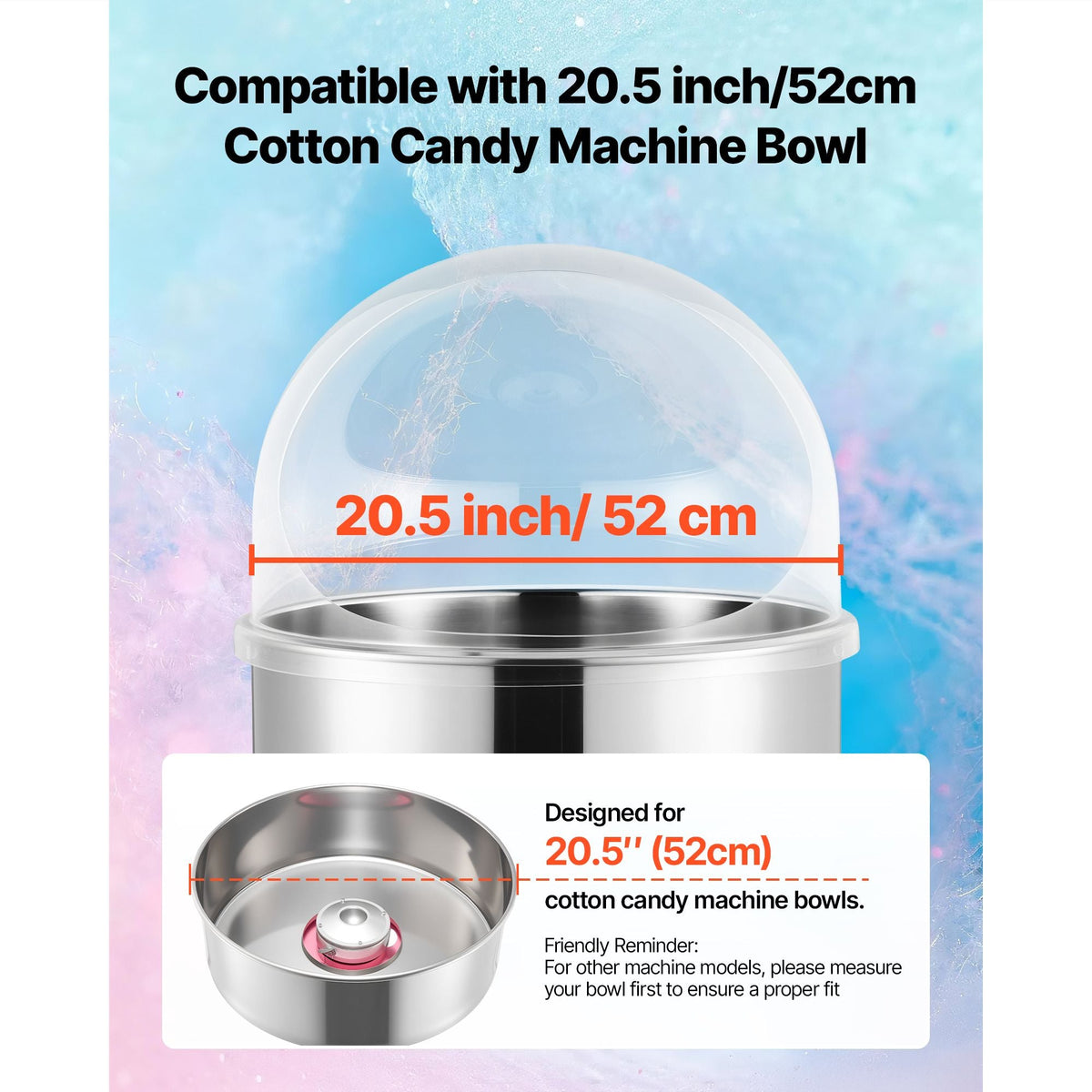 Cotton Candy Machine Cover, Transparent Acrylic Dome Bubble Shield, Cotton Candy Machine Bubble Shield Compatible with 20.5in Cottons Candies Machines Bowl for Party, Shops, Bottom Groove Design
