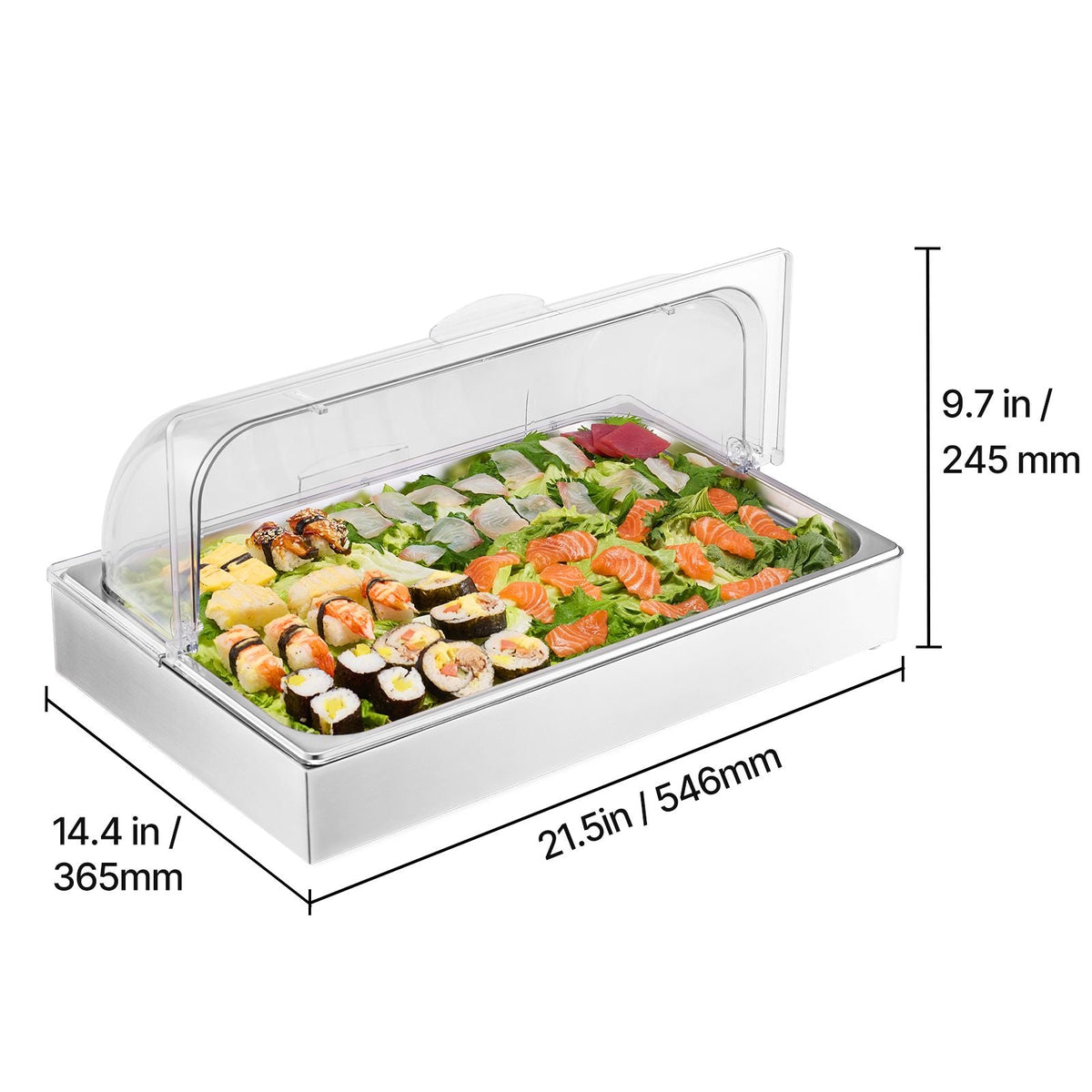 Countertop Food Serving Display Container, 1 x 1 Pan Stainless Steel Food Serving Tray, Buffet Condiment Dispenser Display Rack with Clear Lid & 3 Ice Trays, for Restaurant Hotel Kitchen Party