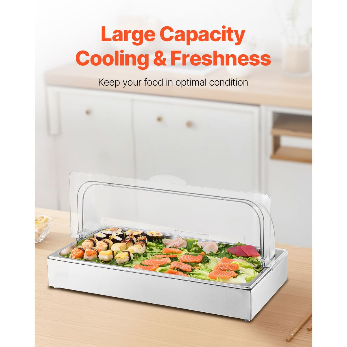 Countertop Food Serving Display Container, 1 x 1 Pan Stainless Steel Food Serving Tray, Buffet Condiment Dispenser Display Rack with Clear Lid & 3 Ice Trays, for Restaurant Hotel Kitchen Party