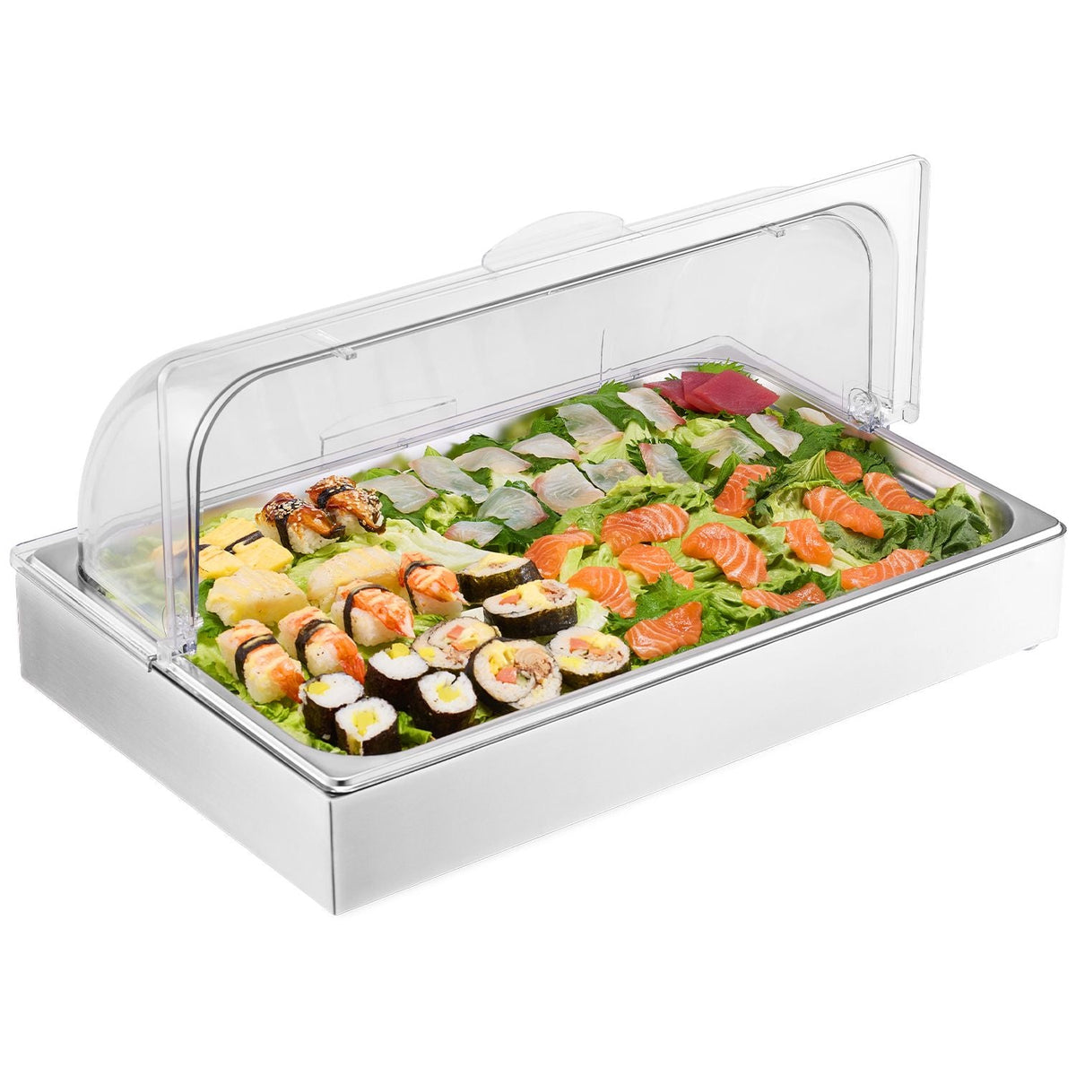 Countertop Food Serving Display Container, 1 x 1 Pan Stainless Steel Food Serving Tray, Buffet Condiment Dispenser Display Rack with Clear Lid & 3 Ice Trays, for Restaurant Hotel Kitchen Party