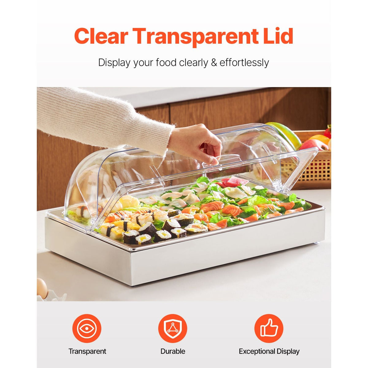Countertop Food Serving Display Container, 1 x 1 Pan Stainless Steel Food Serving Tray, Buffet Condiment Dispenser Display Rack with Clear Lid & 3 Ice Trays, for Restaurant Hotel Kitchen Party