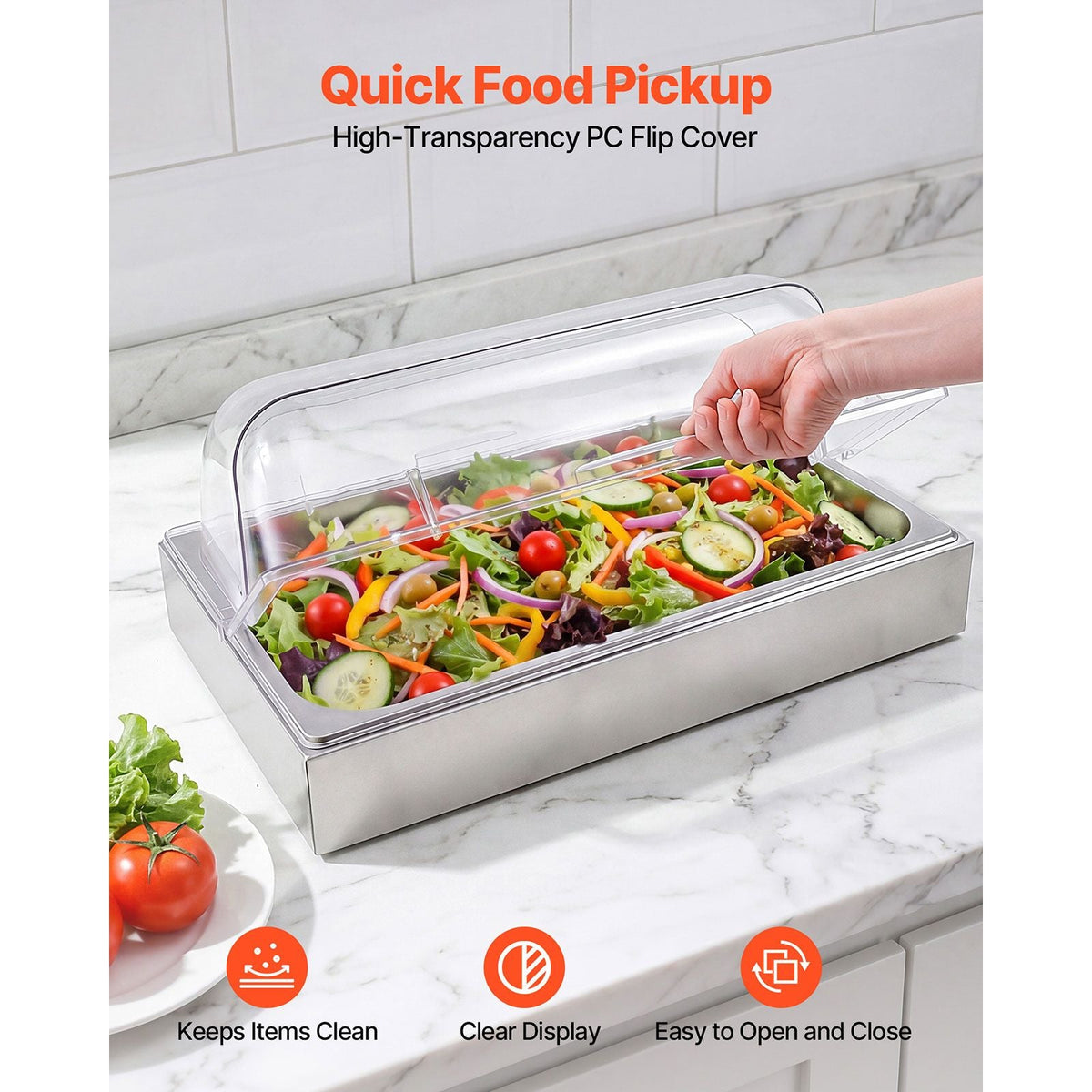 Countertop Food Serving Display Container, 2 Tier Stainless Steel Food Salad Server Tray, Buffet Condiment Dispenser, Ice Cooled Rack with Clear Roll Top Cover, for Restaurant Hotel (1/1 Pan x2)