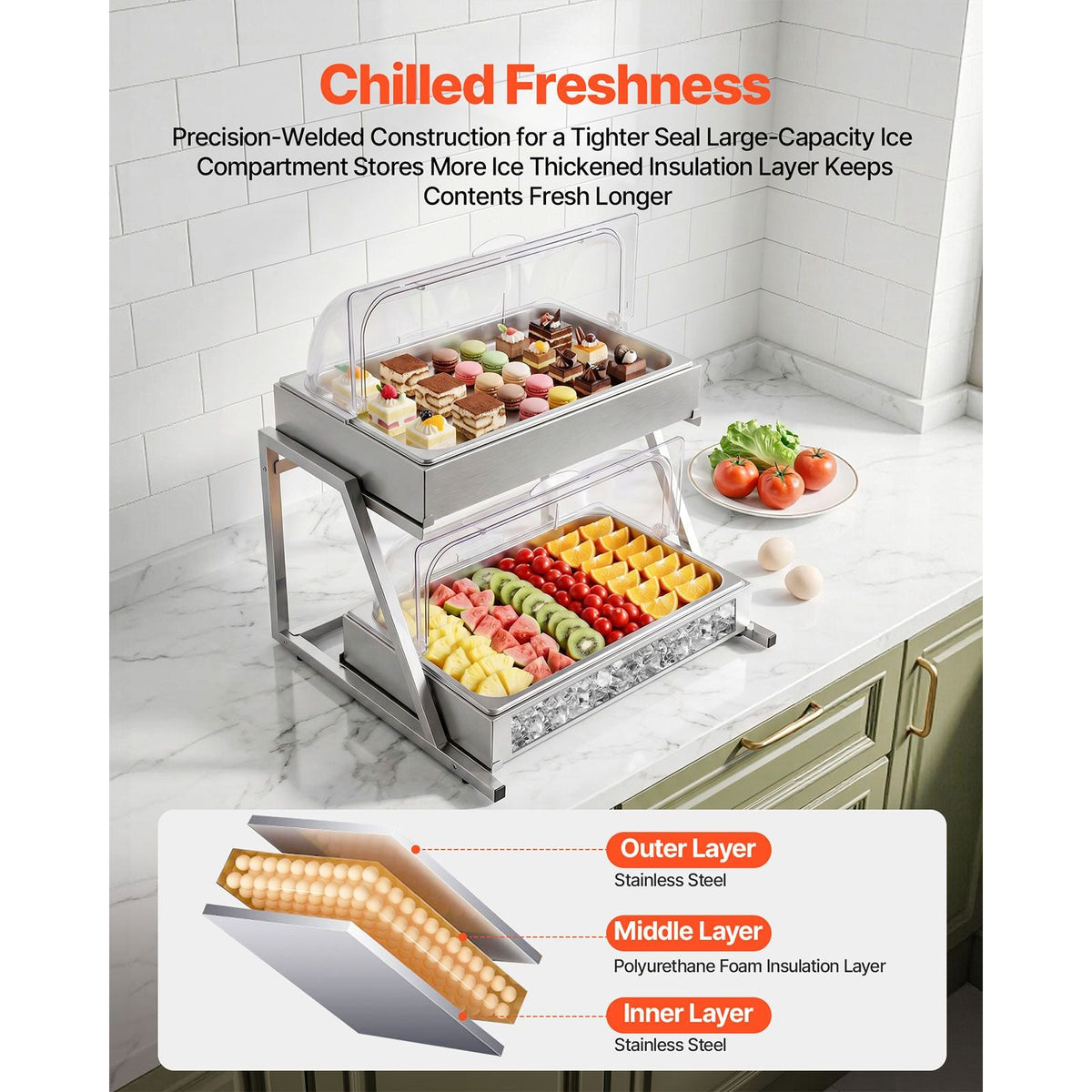 Countertop Food Serving Display Container, 2 Tier Stainless Steel Food Salad Server Tray, Buffet Condiment Dispenser, Ice Cooled Rack with Clear Roll Top Cover, for Restaurant Hotel (1/1 Pan x2)