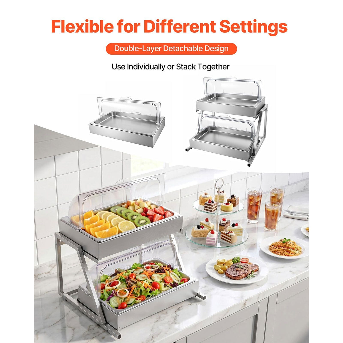 Countertop Food Serving Display Container, 2 Tier Stainless Steel Food Salad Server Tray, Buffet Condiment Dispenser, Ice Cooled Rack with Clear Roll Top Cover, for Restaurant Hotel (1/1 Pan x2)