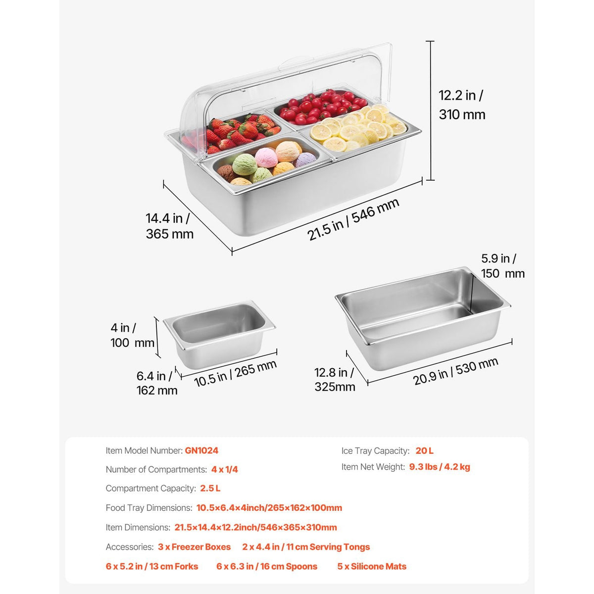 Countertop Food Serving Display Container, 4 Pan Stainless Steel Food Serving Tray, Buffet Condiment Dispenser Display Rack with Clear Lid & 3 Freezer Boxes, for Restaurant Hotel Kitchen Party
