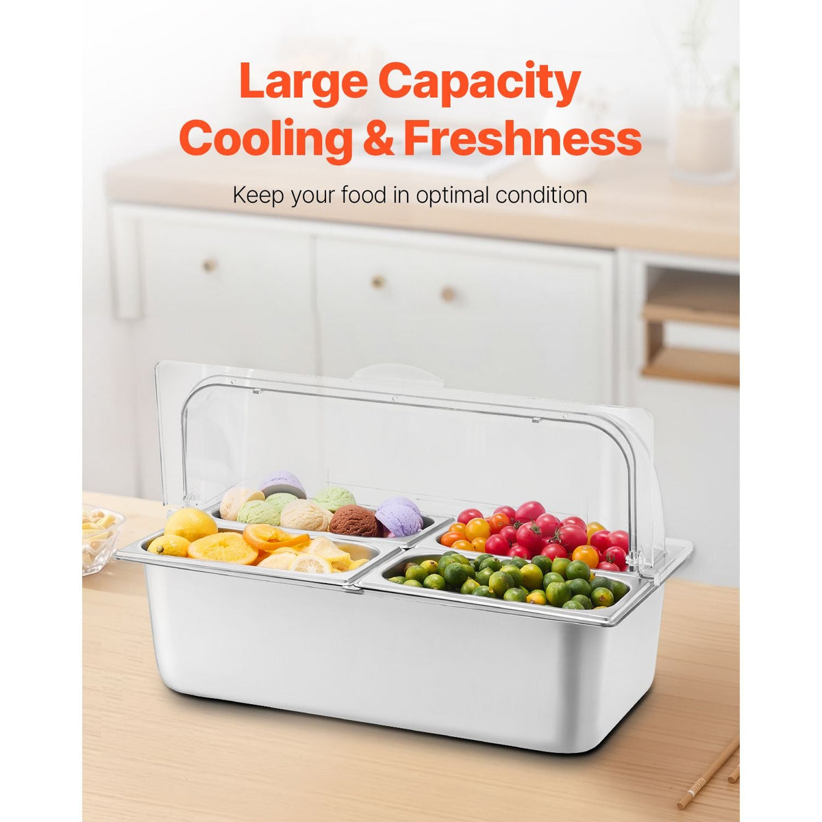 Countertop Food Serving Display Container, 4 Pan Stainless Steel Food Serving Tray, Buffet Condiment Dispenser Display Rack with Clear Lid & 3 Freezer Boxes, for Restaurant Hotel Kitchen Party