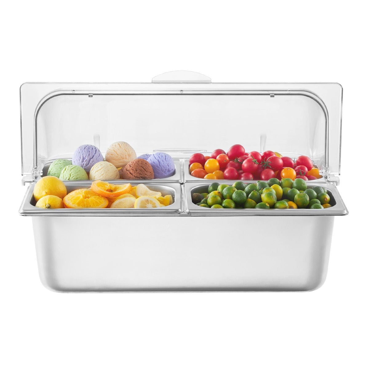 Countertop Food Serving Display Container, 4 Pan Stainless Steel Food Serving Tray, Buffet Condiment Dispenser Display Rack with Clear Lid & 3 Freezer Boxes, for Restaurant Hotel Kitchen Party