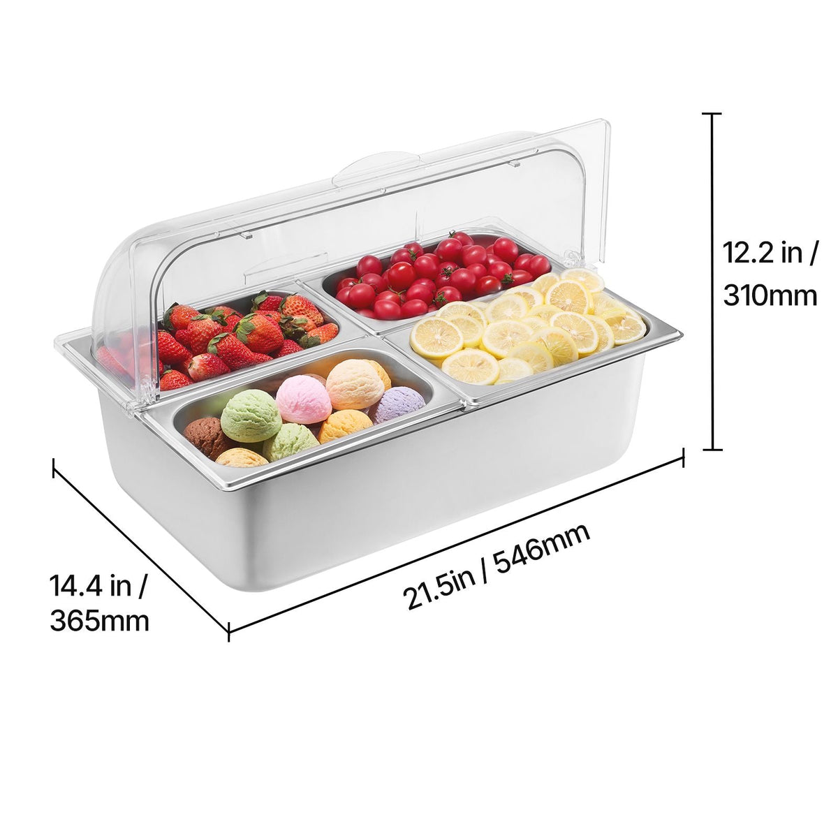 Countertop Food Serving Display Container, 4 Pan Stainless Steel Food Serving Tray, Buffet Condiment Dispenser Display Rack with Clear Lid & 3 Freezer Boxes, for Restaurant Hotel Kitchen Party
