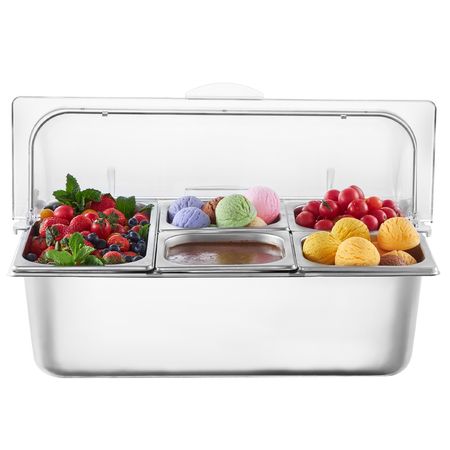 Countertop Food Serving Display Container, 5 Pan Stainless Steel Food Serving Tray, Buffet Condiment Dispenser Display Rack with Clear Lid & 3 Freezer Boxes, for Restaurant Hotel Kitchen Party