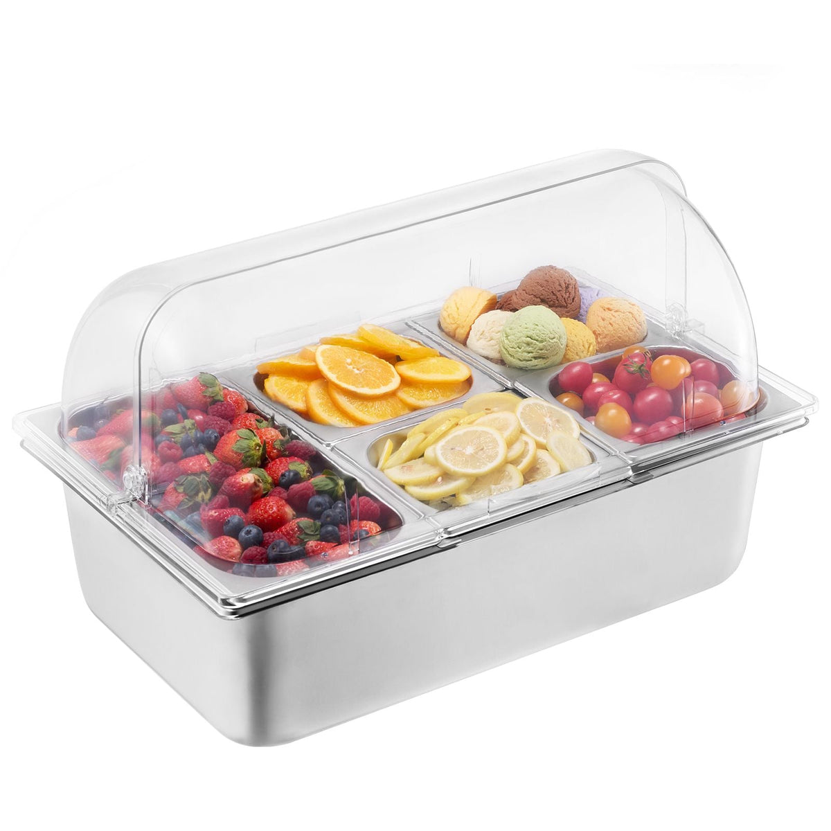 Countertop Food Serving Display Container, 5 Pan Stainless Steel Food Serving Tray, Buffet Condiment Dispenser Display Rack with Clear Lid & 3 Freezer Boxes, for Restaurant Hotel Kitchen Party