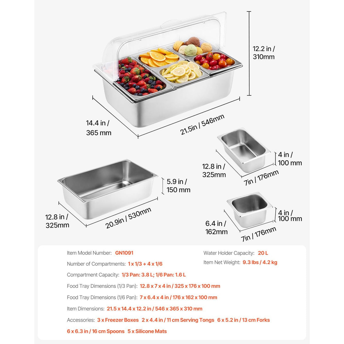 Countertop Food Serving Display Container, 5 Pan Stainless Steel Food Serving Tray, Buffet Condiment Dispenser Display Rack with Clear Lid & 3 Freezer Boxes, for Restaurant Hotel Kitchen Party