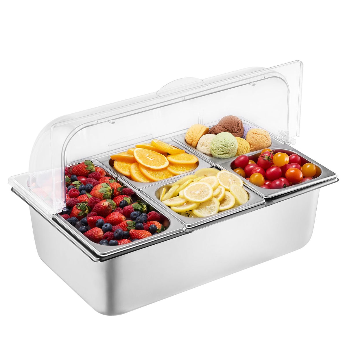 Countertop Food Serving Display Container, 5 Pan Stainless Steel Food Serving Tray, Buffet Condiment Dispenser Display Rack with Clear Lid & 3 Freezer Boxes, for Restaurant Hotel Kitchen Party