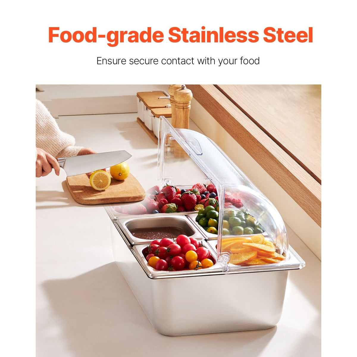 Countertop Food Serving Display Container, 5 Pan Stainless Steel Food Serving Tray, Buffet Condiment Dispenser Display Rack with Clear Lid & 3 Freezer Boxes, for Restaurant Hotel Kitchen Party
