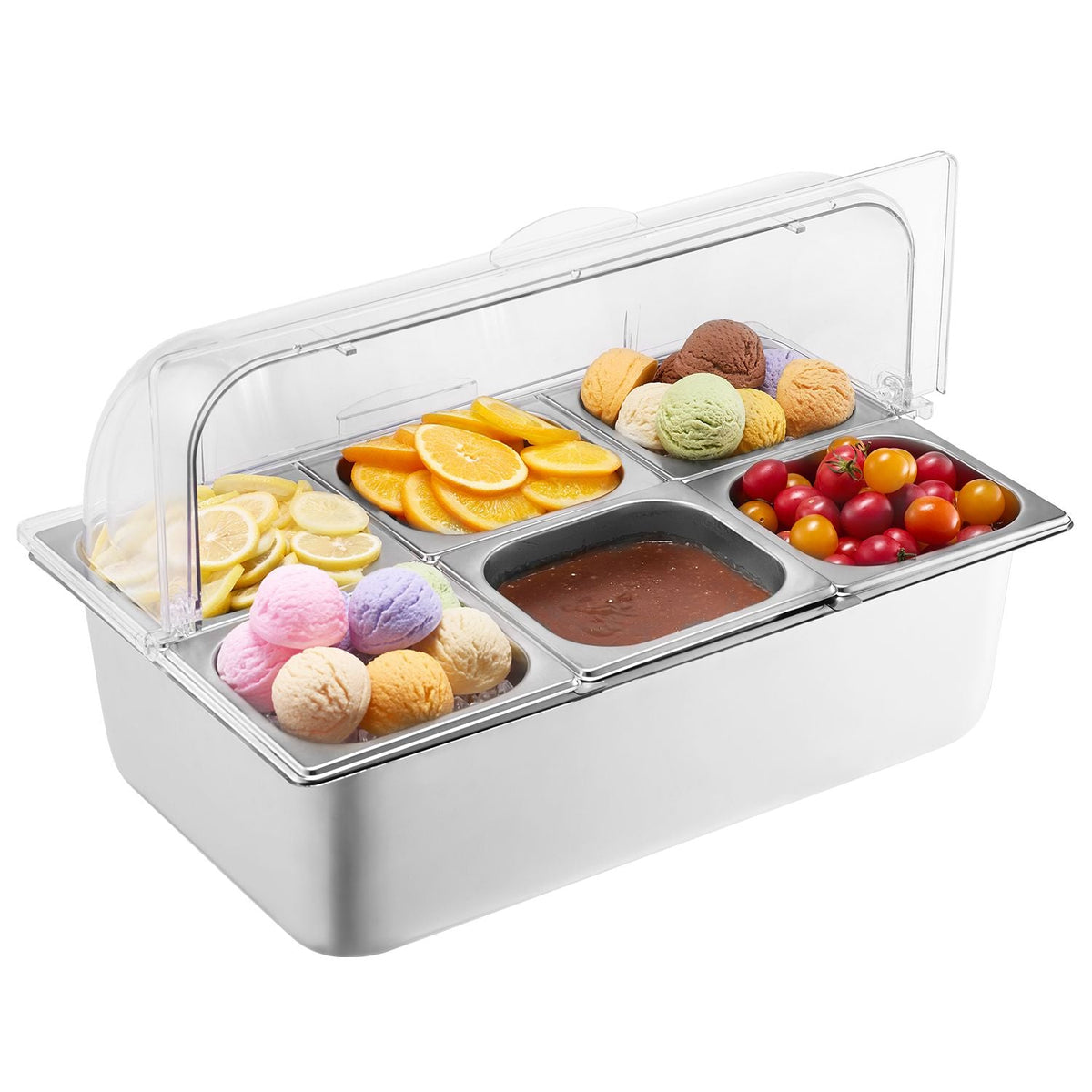 Countertop Food Serving Display Container, 6 Pan Stainless Steel Food Serving Tray, Buffet Condiment Dispenser Display Rack with Clear Lid & 3 Freezer Boxes, for Restaurant Hotel Kitchen Party