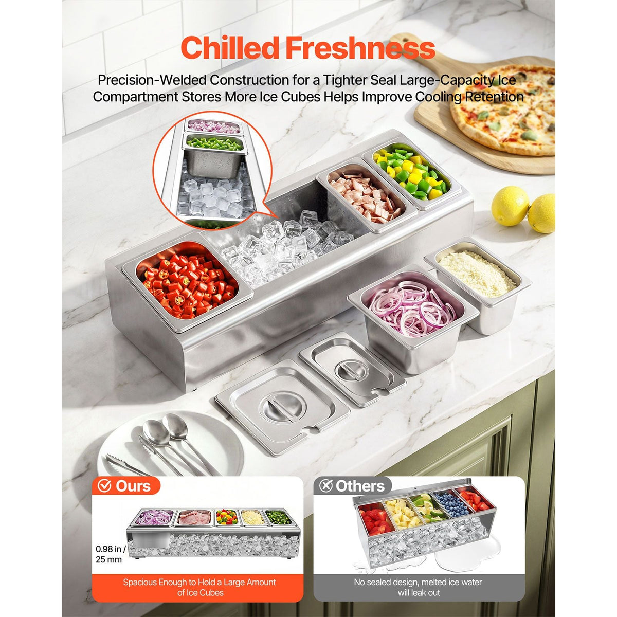 Countertop Food Serving Display Container, Stainless Steel Food Salad Server Tray, Buffet Condiment Dispenser, Ice Cooled Rack with Separate Lid, for Restaurant Hotel Kitchen (2x1/6+3x1/9 Pan)
