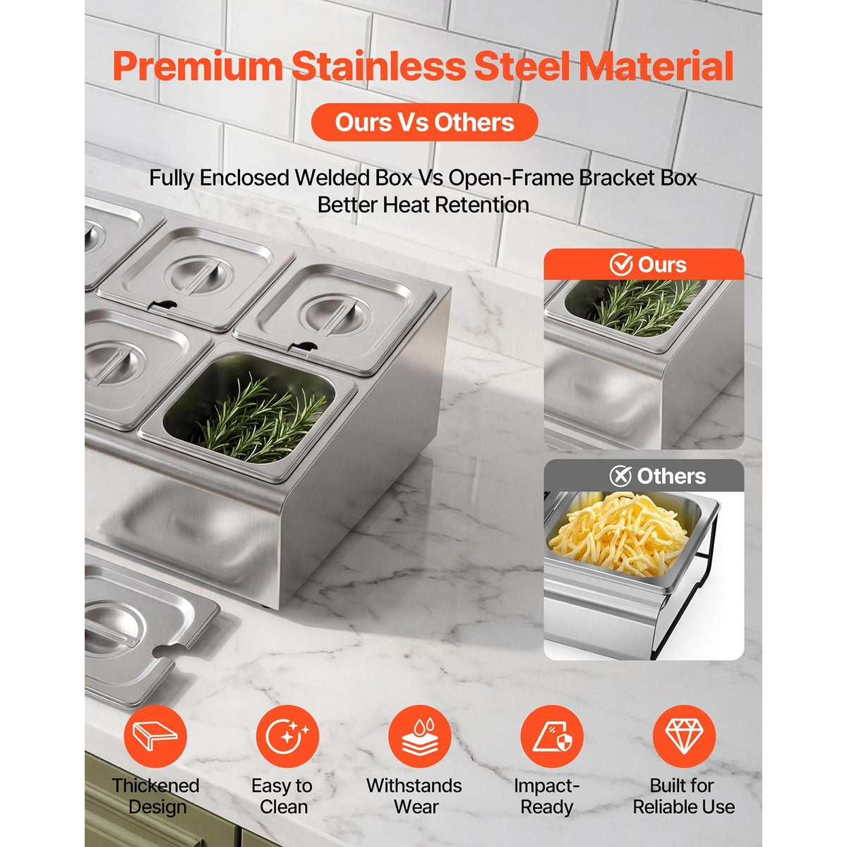 Countertop Food Serving Display Container, Stainless Steel Food Salad Server Tray, Buffet Condiment Dispenser, Ice Cooled Rack with Separate Lid, for Restaurant Hotel Kitchen Party (6x1/6 Pan)