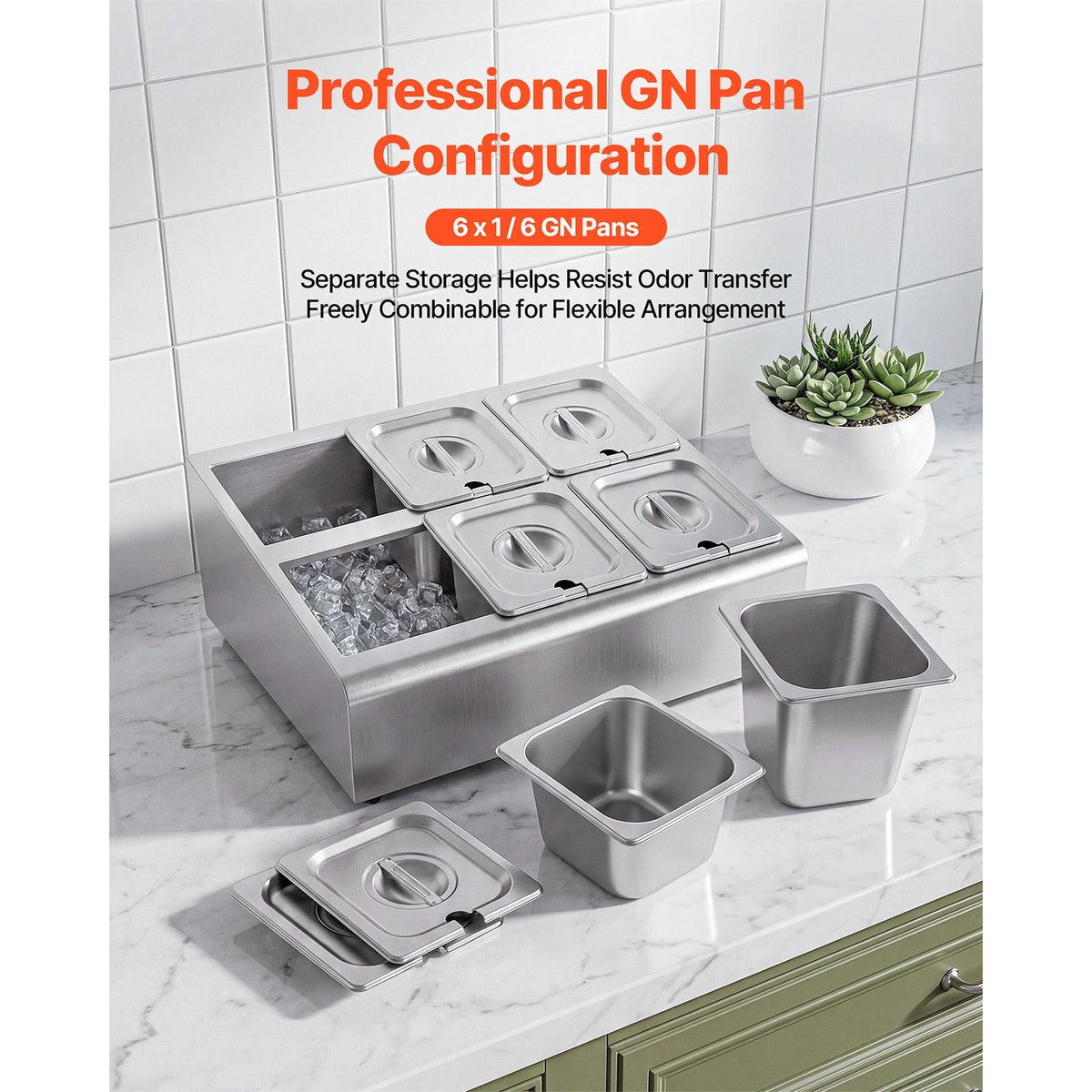 Countertop Food Serving Display Container, Stainless Steel Food Salad Server Tray, Buffet Condiment Dispenser, Ice Cooled Rack with Separate Lid, for Restaurant Hotel Kitchen Party (6x1/6 Pan)