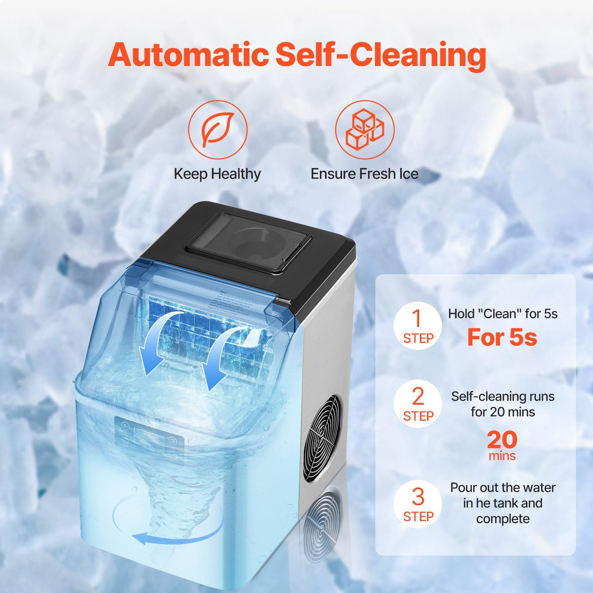Countertop Ice Maker, 24 Cubes Ready in 15 Mins, 45lbs in 24Hrs, Self-Cleaning Portable Ice Maker with Ice Scoop and Basket, Ice Machine with 3 Sizes Ice Cube for Home Kitchen Office Party