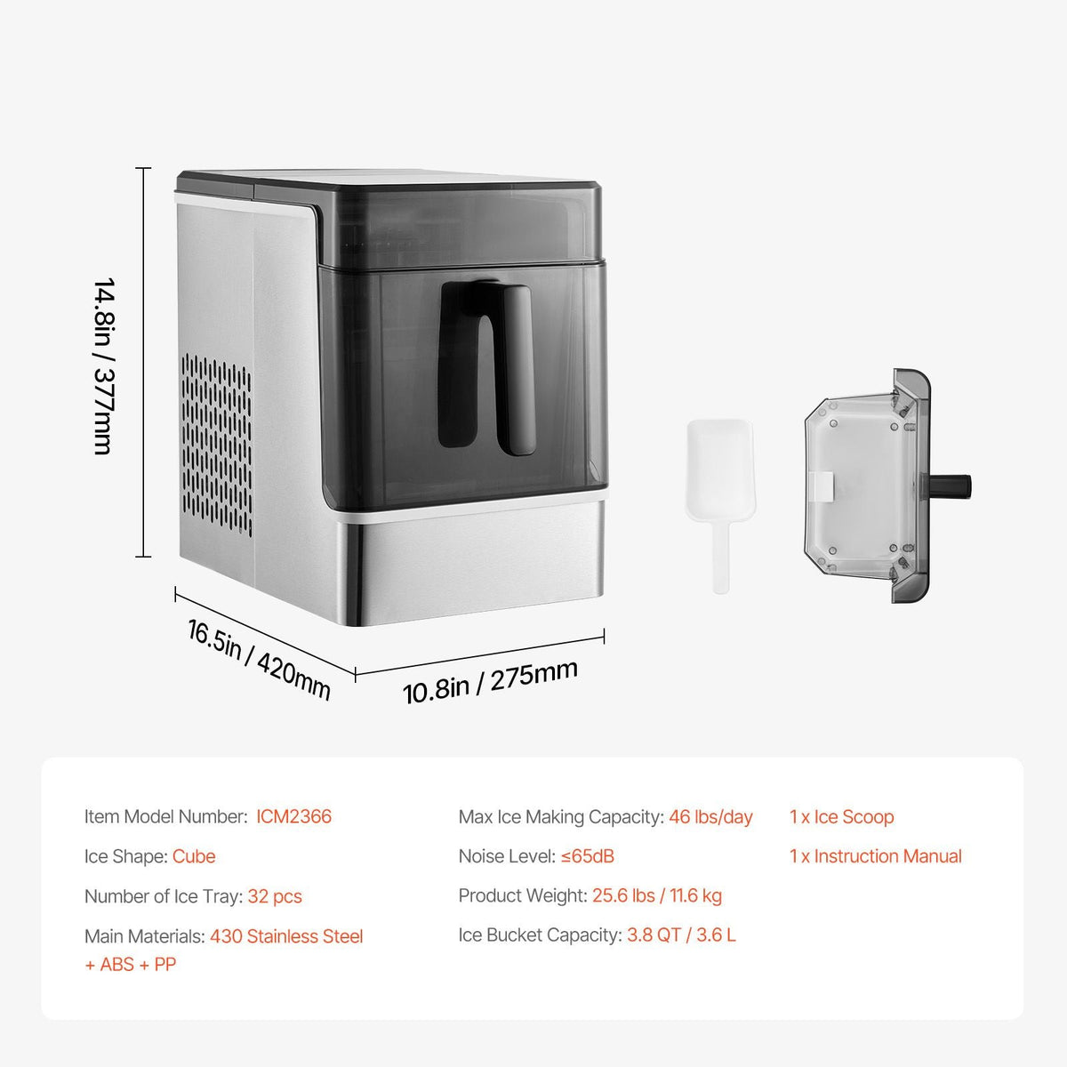 Countertop Ice Maker, 32 Cubes Ready in 15 Mins, 46lbs in 24Hrs, Self-Cleaning Portable Ice Maker with Convenient Ice Transfer, Ice Machine with 3 Sizes Ice Cube for Home Kitchen Office Party