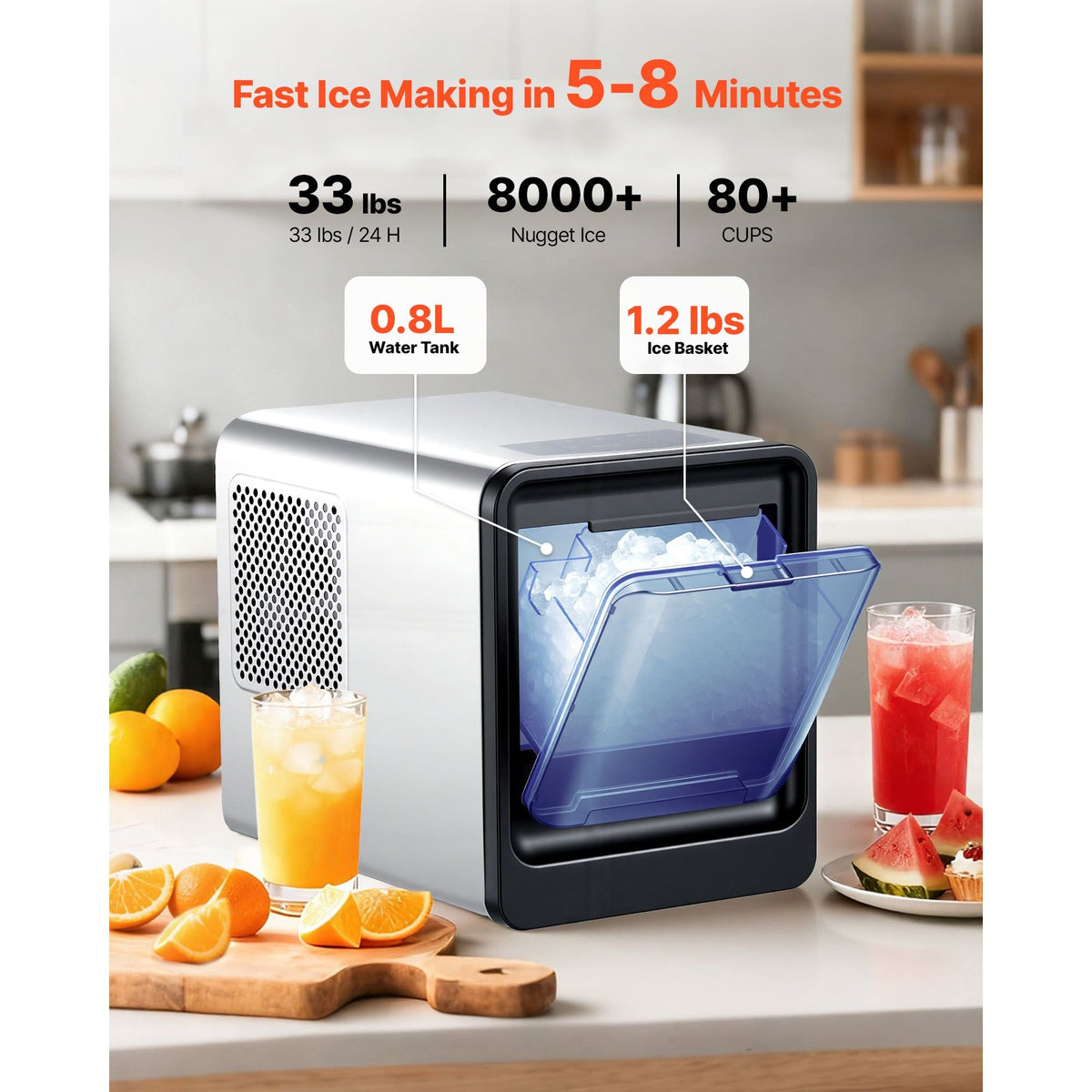 Countertop Ice Maker, 33 lbs per Day, Self-Cleaning Portable Machine with Scoop, Drawer-Style Ice Access, Nugget Ice-Making Machine with Chewable Ices for Home, Kitchen, Office, Bar & Party