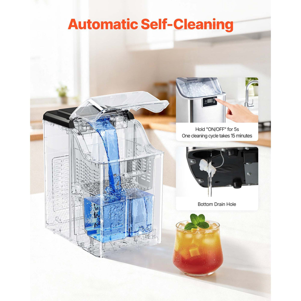 Countertop Ice Maker, 44 lbs per Day, Self-Cleaning Portable Machine with Scoop, 4 lbs Ice-Storage Basket, Nugget Ice-Making Machine with Chewable Ices for Home, Kitchen, Office, Bar & Party
