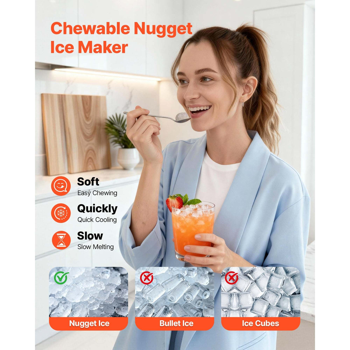 Countertop Ice Maker, 44 lbs per Day, Self-Cleaning Portable Machine with Scoop, 4 lbs Ice-Storage Basket, Nugget Ice-Making Machine with Chewable Ices for Home, Kitchen, Office, Bar & Party