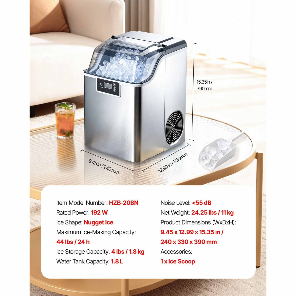Countertop Ice Maker, 44 lbs per Day, Self-Cleaning Portable Machine with Scoop, 4 lbs Ice-Storage Basket, Nugget Ice-Making Machine with Chewable Ices for Home, Kitchen, Office, Bar & Party