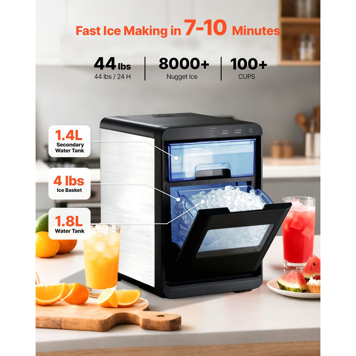 Countertop Ice Maker, 44 lbs per Day, Self-Cleaning Portable Machine with Scoop, Drawer-Style Ice Access, Nugget Ice-Making Machine with Chewable Ices for Home, Kitchen, Office, Bar & Party