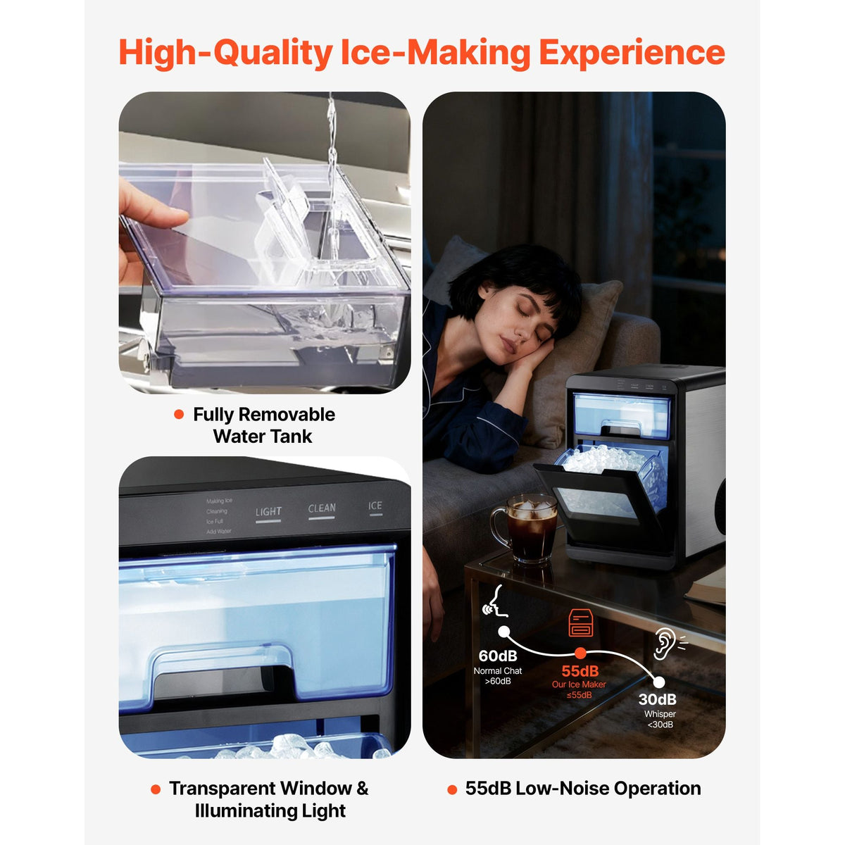 Countertop Ice Maker, 44 lbs per Day, Self-Cleaning Portable Machine with Scoop, Drawer-Style Ice Access, Nugget Ice-Making Machine with Chewable Ices for Home, Kitchen, Office, Bar & Party