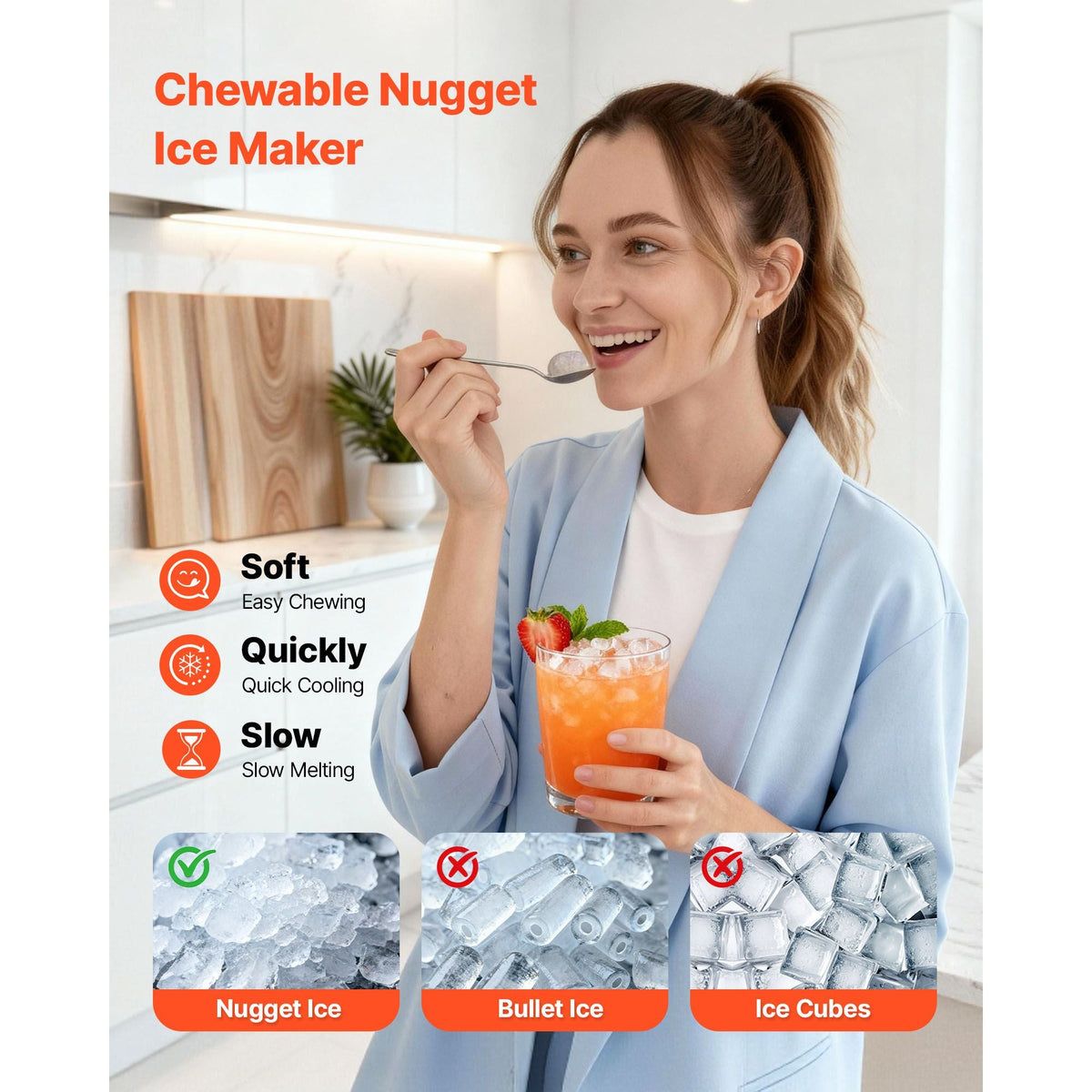 Countertop Ice Maker, 44 lbs per Day, Self-Cleaning Portable Machine with Scoop, Drawer-Style Ice Access, Nugget Ice-Making Machine with Chewable Ices for Home, Kitchen, Office, Bar & Party