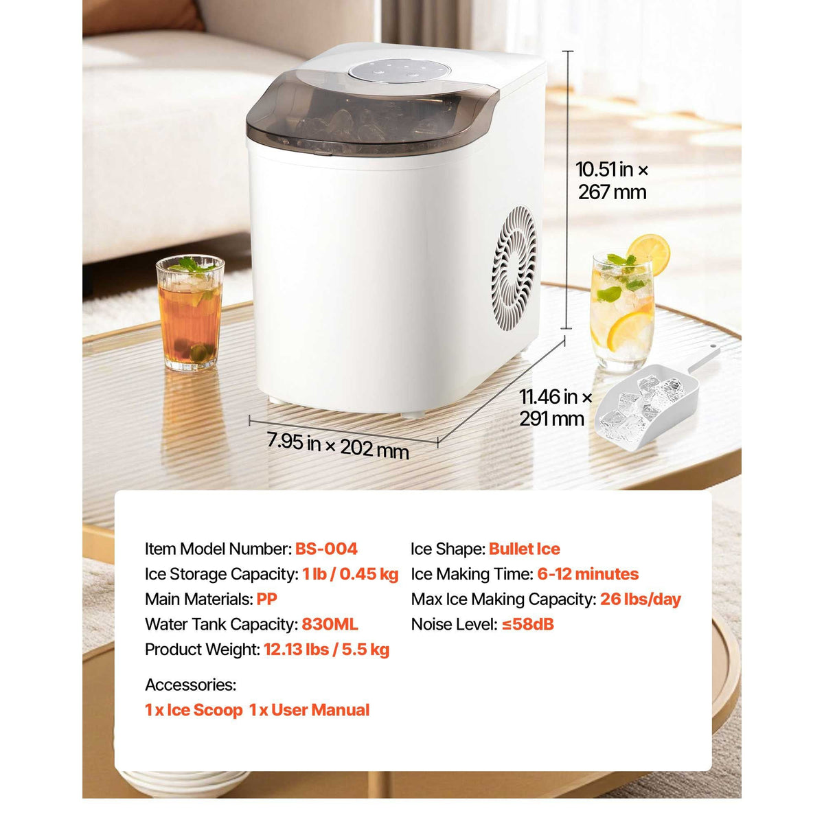 Countertop Ice Maker, 7 Cubes Ready in 6 Mins, 26 lbs per Day, Self-Cleaning Portable Machine with Ice Scoop, Ice-Making Machine with 2 Sizes Bullet Ices for Home, Kitchen, Office, Bar & Party