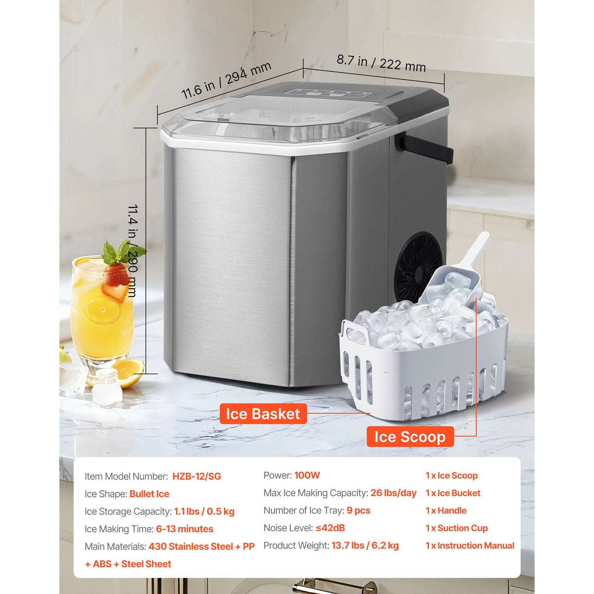Countertop Ice Maker, 9 Cubes Ready in 6 Mins, 26lbs in 24Hrs, Self-Cleaning Portable Ice Maker with Ice Scoop and Basket, Ice Machine with 2 Sizes Bullet Ice for Home Kitchen Office Bar Party
