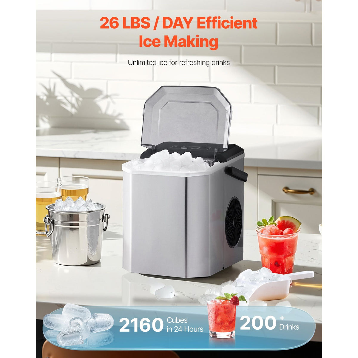 Countertop Ice Maker, 9 Cubes Ready in 6 Mins, 26lbs in 24Hrs, Self-Cleaning Portable Ice Maker with Ice Scoop and Basket, Ice Machine with 2 Sizes Bullet Ice for Home Kitchen Office Bar Party