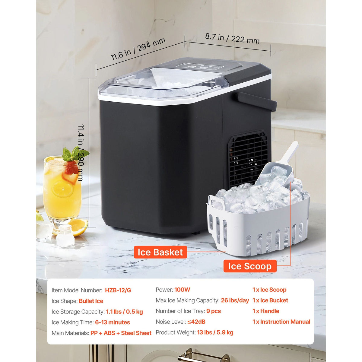 Countertop Ice Maker, 9 Cubes Ready in 6 Mins, 26lbs in 24Hrs, Self-Cleaning Portable Ice Maker with Ice Scoop and Basket, Ice Machine with 2 Sizes Bullet Ice for Home Kitchen Office Bar Party