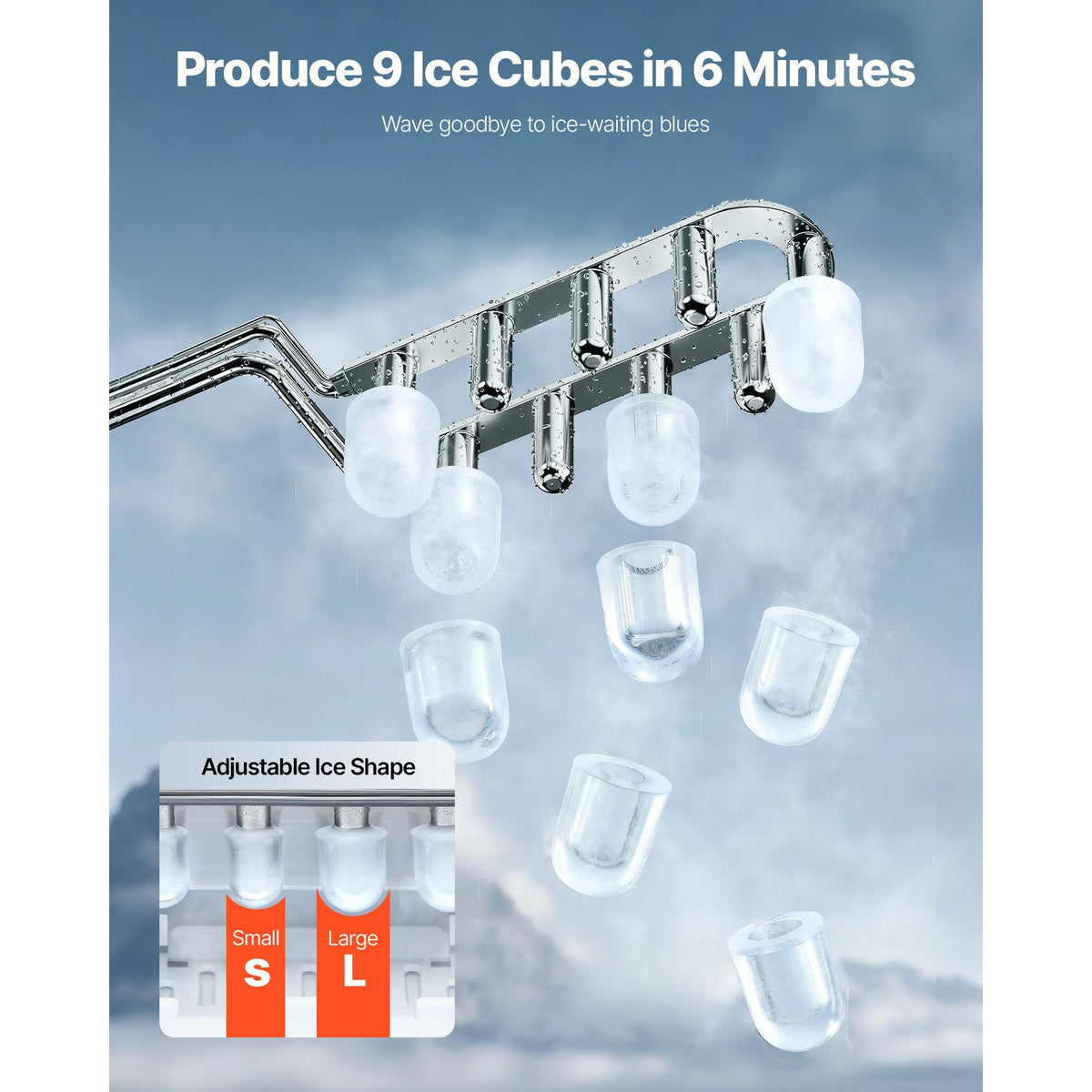 Countertop Ice Maker, 9 Cubes Ready in 6 Mins, 26lbs in 24Hrs, Self-Cleaning Portable Ice Maker with Ice Scoop and Basket, Ice Machine with 2 Sizes Bullet Ice for Home Kitchen Office Bar Party