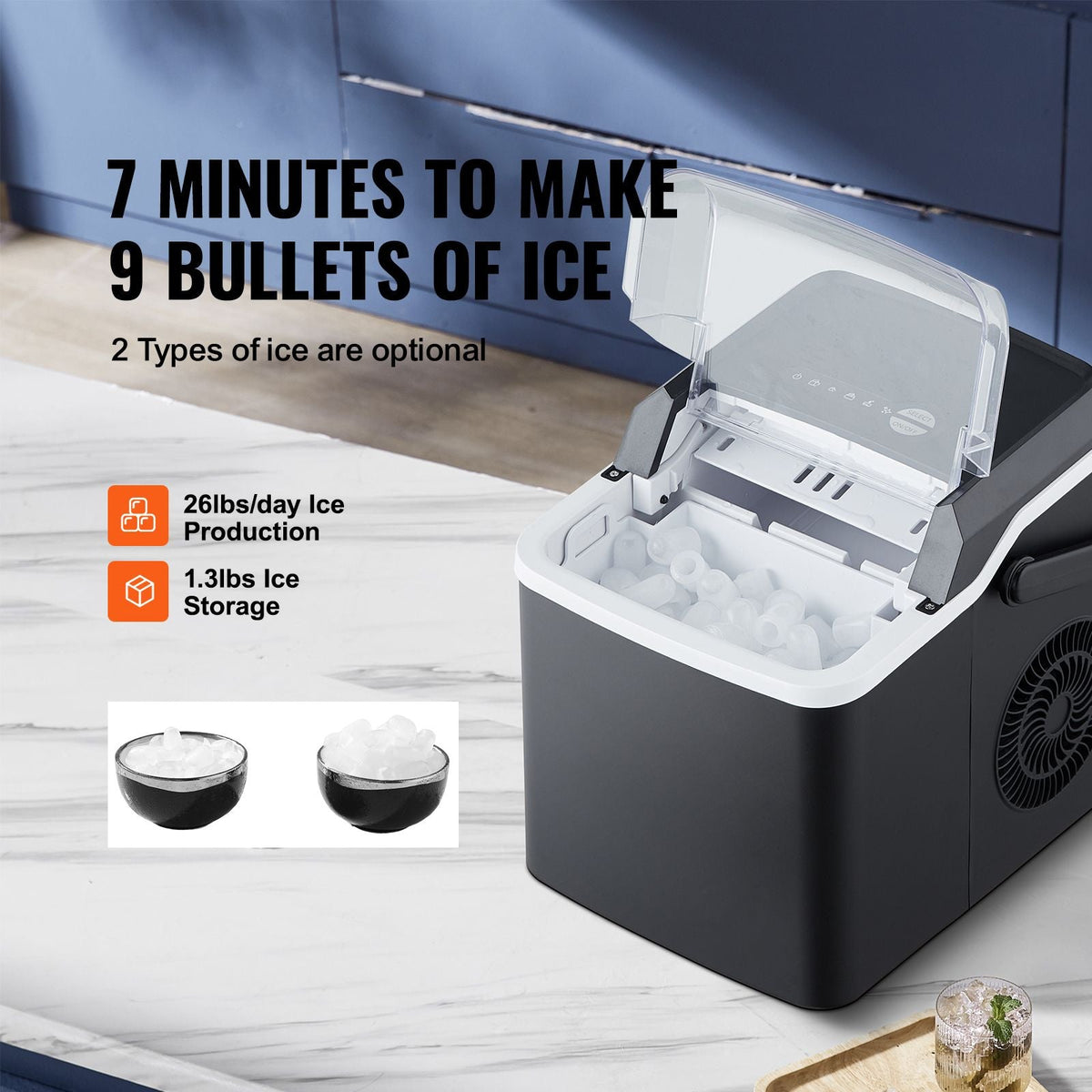 Countertop Ice Maker, 9 Cubes Ready in 7 Mins, 26lbs in 24Hrs, Self-Cleaning Portable Ice Maker with Ice Scoop and Basket, Ice Machine with 2 Sizes Bullet Ice for Home Kitchen Office Bar Party